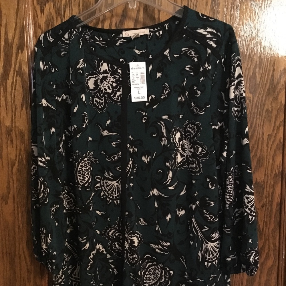 Green and black patterned blouse.